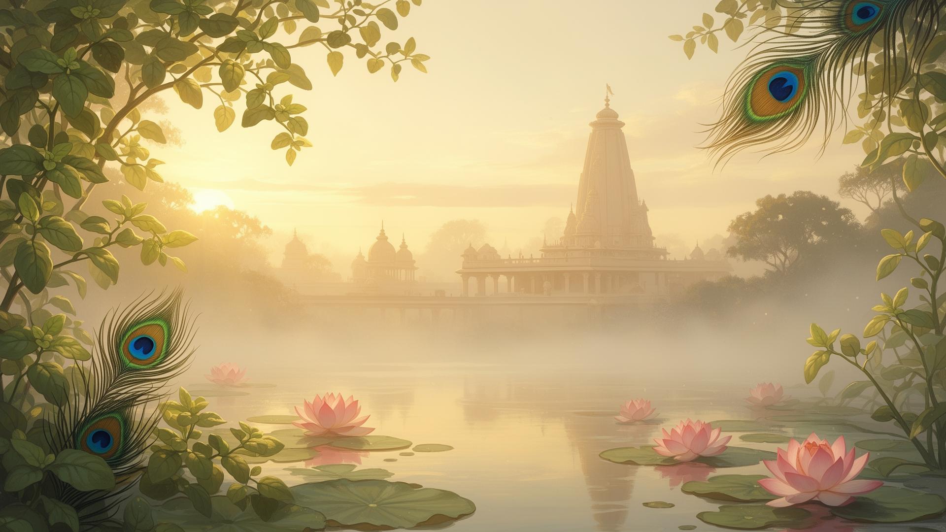 Vrindavan dawn with temple, lotus and peacock feathers
