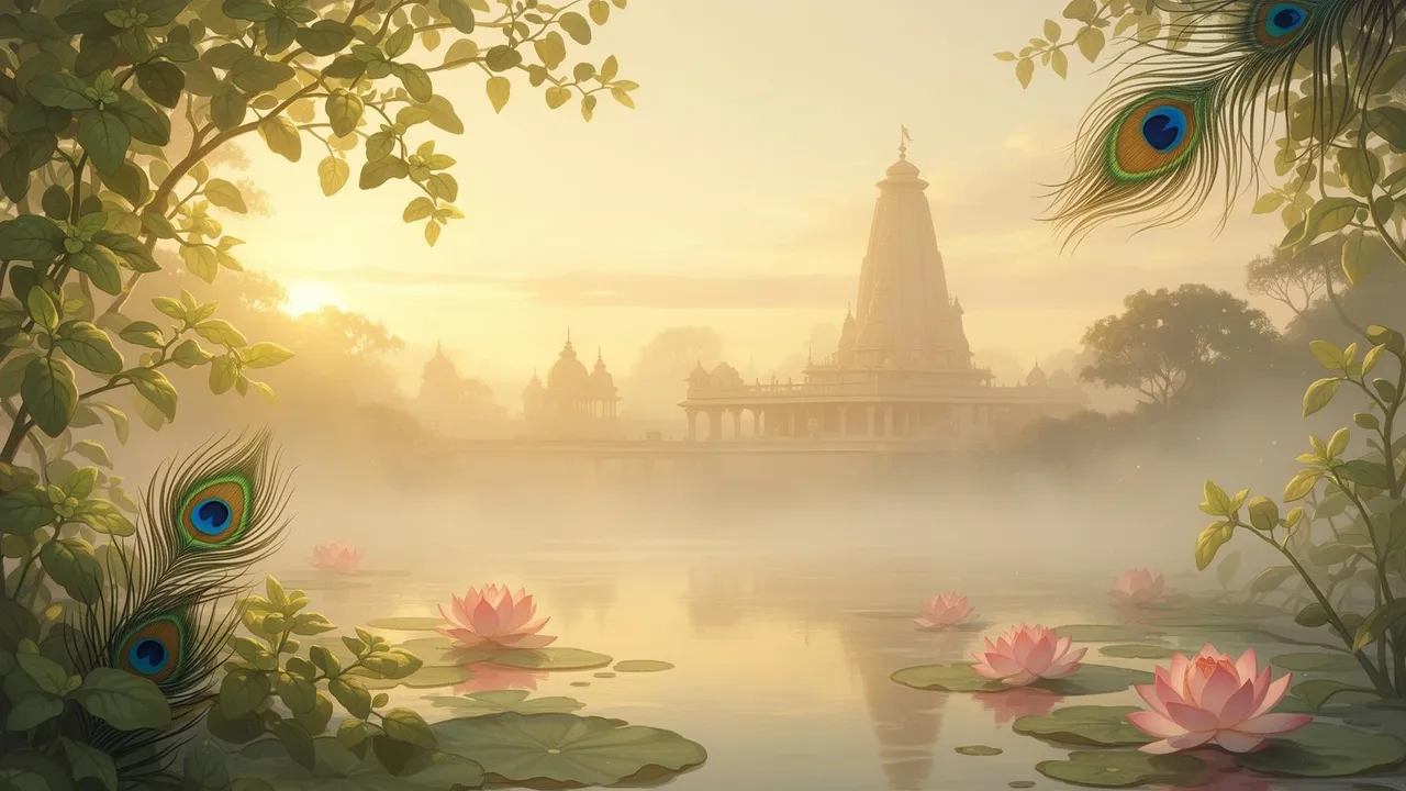 Vrindavan dawn with temple, lotus and peacock feathers