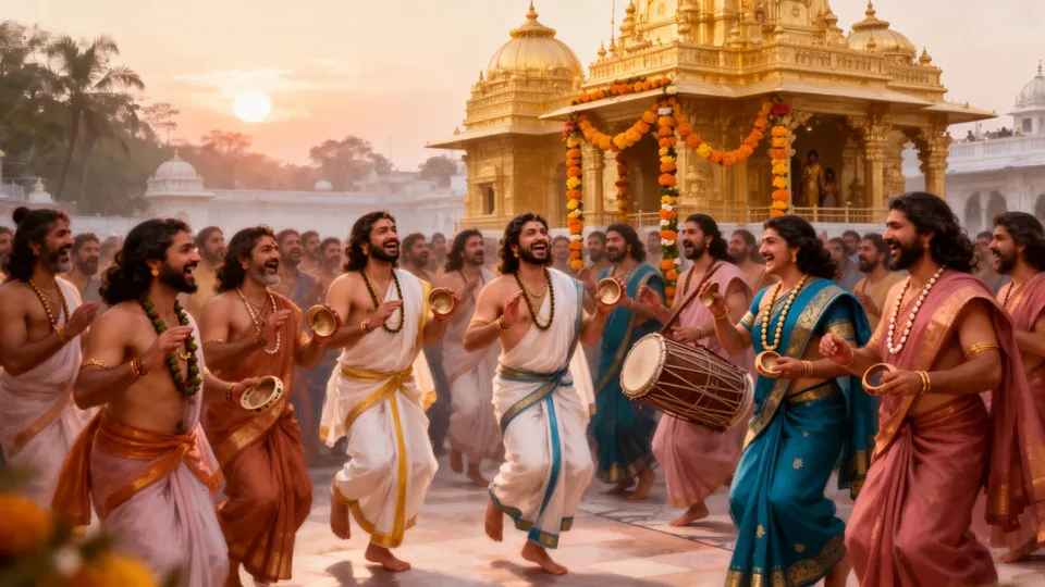 Devotees gathered for kirtan at the temple